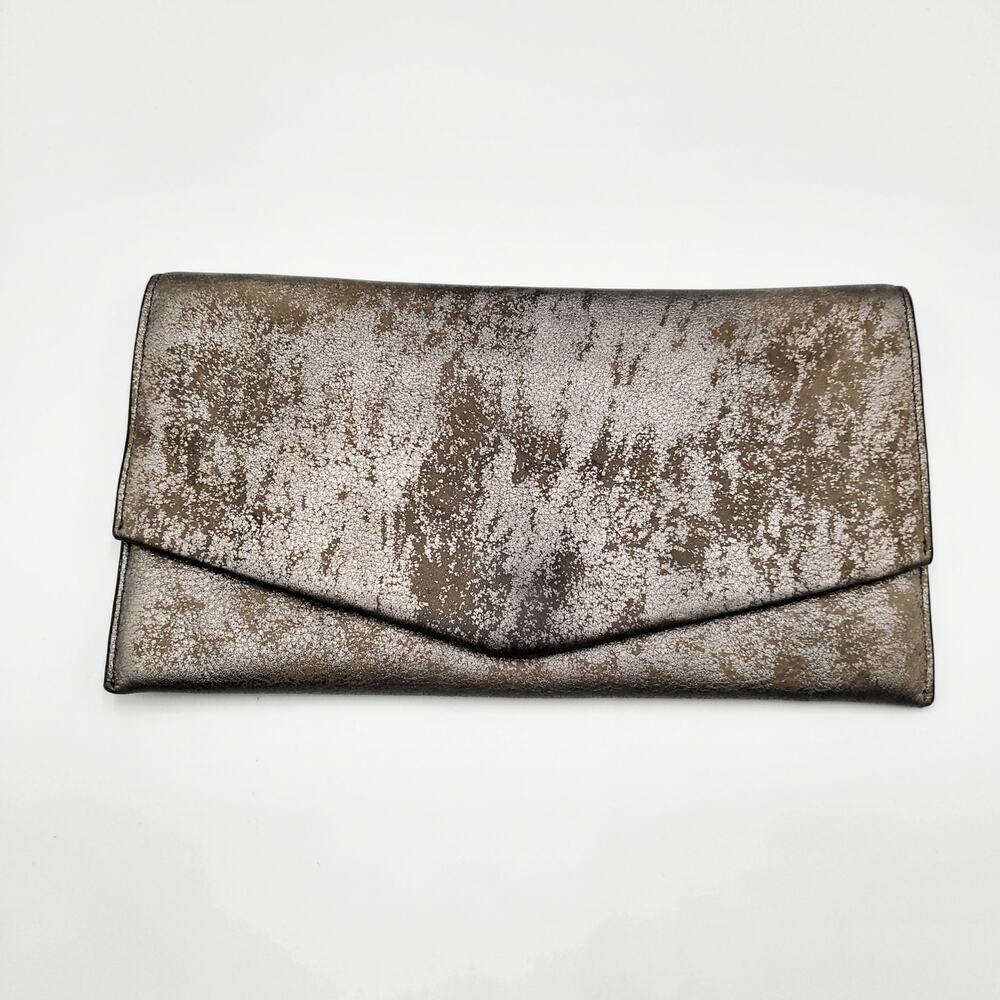 Cole Haan Distressed Metallic Pewter Gray Leather Large Envelope Clutch Chic